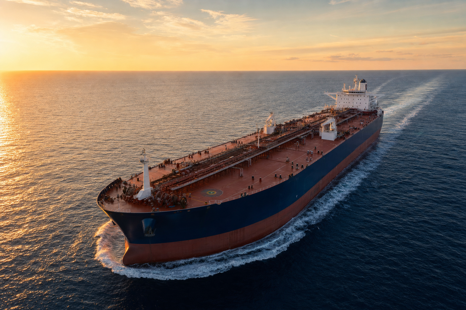 Tanker vessel at sea at golden hour