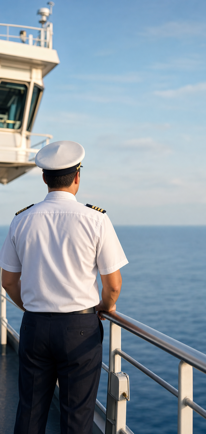 Ship officer on the bridge wing looking out to sea